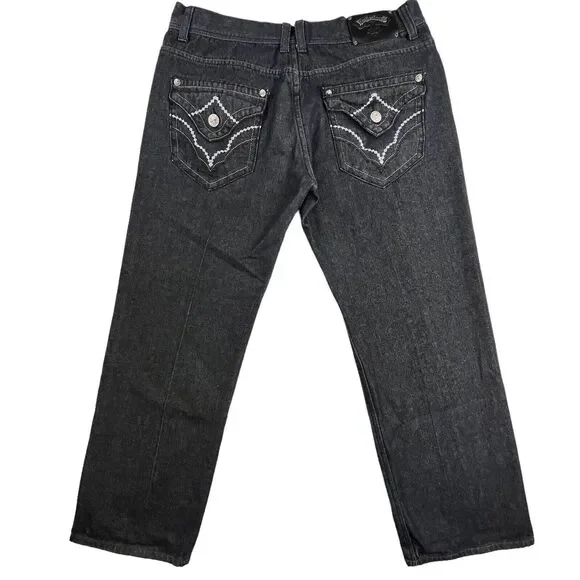Imperious Delf Trading Jeans 38x33 Black Vintage Flap Pocket Embroidered Rock - Picture 2 of 16